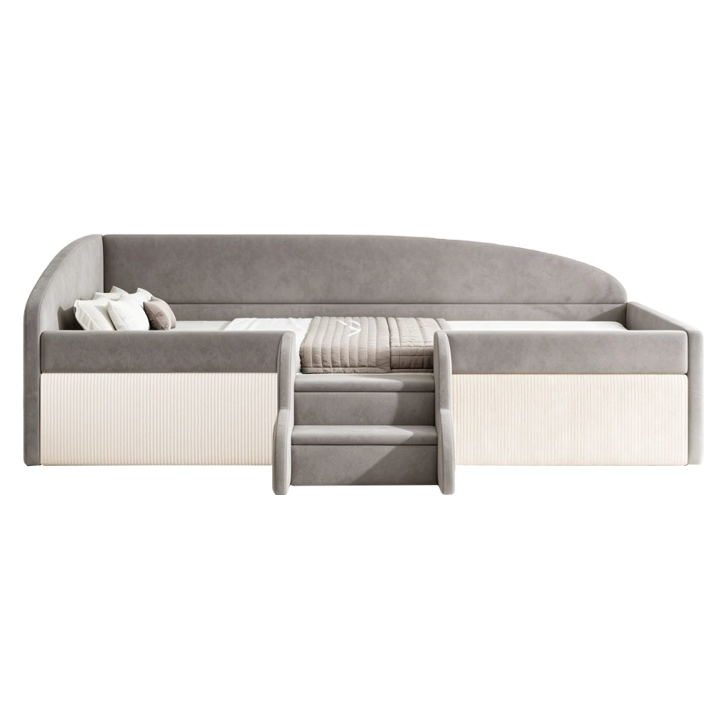 Letto per bambini imbottito 90 x 190 cm con gradini e sponde, grigio
