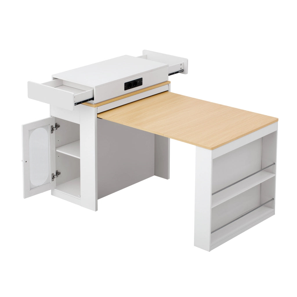 Isola cucina allungabile IVMEU 83x46¨C146,5x96 cm con piano pieghevole, prese e vani, bianca effetto legno