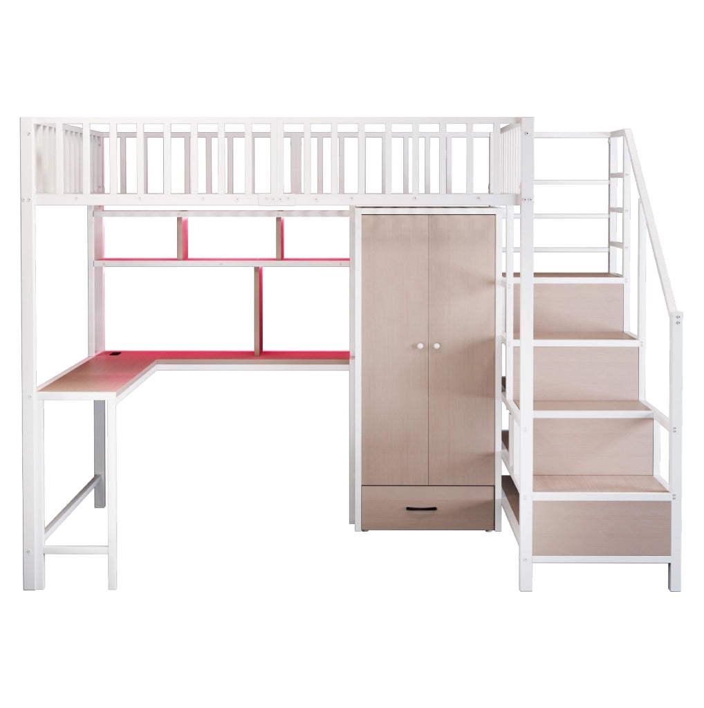 Letto a soppalco in metallo bianco 140x200 cm con scrivania, armadio, ripiani, cassetti, scaletta di sicurezza, illuminazione LED e presa di ricarica integrata