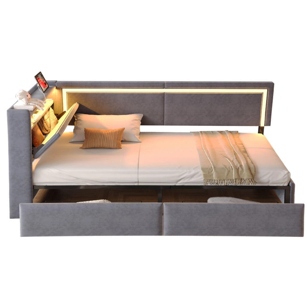 Divano letto singolo 90x200 cm con LED; USB; contenitore e cassetti in velluto grigio scuro