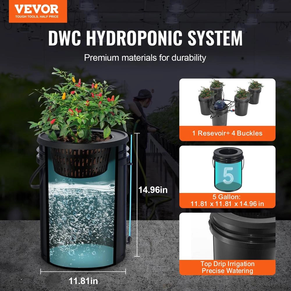 Kit Sistema Idroponico RDWC 4 Secchi da 20L in Polipropilene con Pompa Aria e Irrigazione a Goccia per Giardinaggio Fai da Te