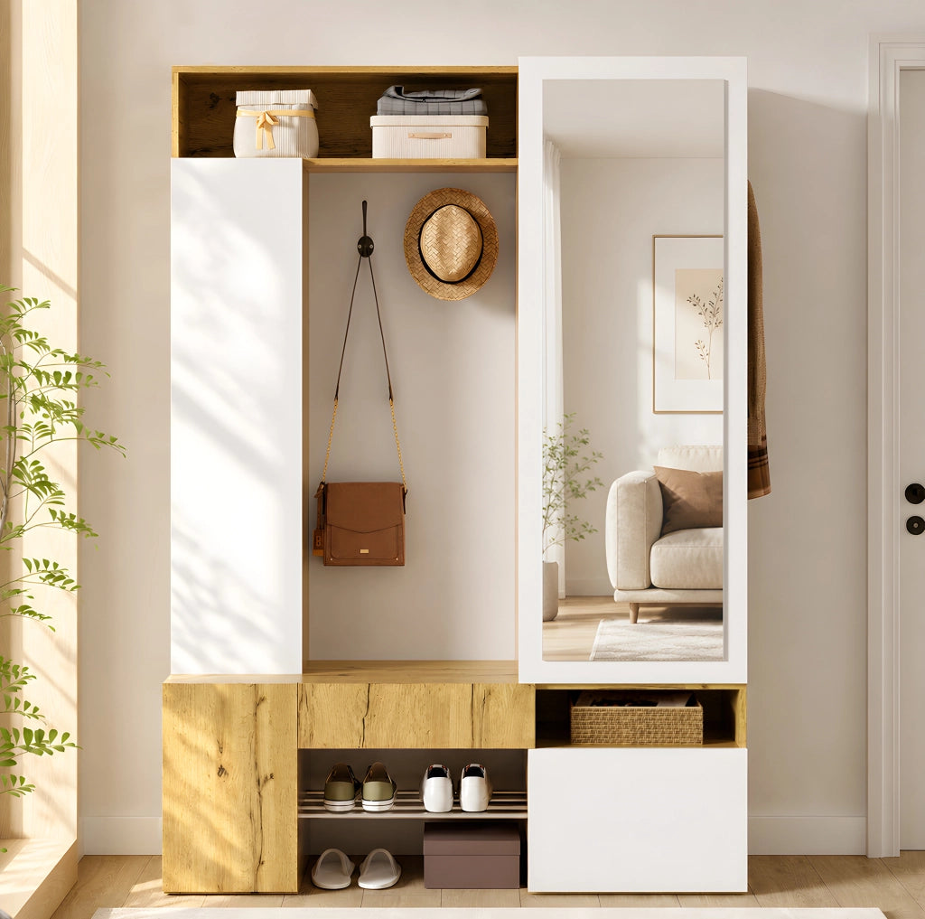 Mobile ingresso in MDF con specchio, scarpiera e guardaroba