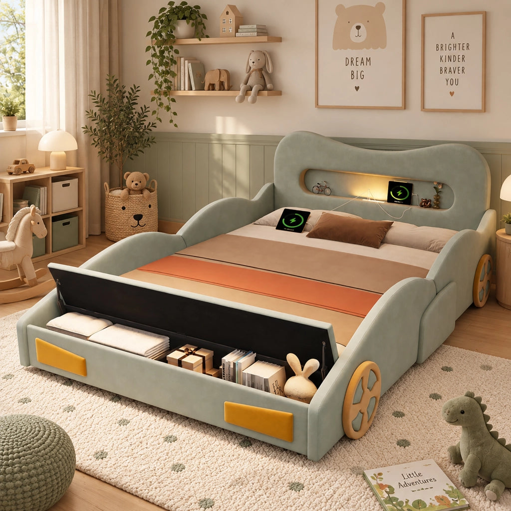Letto A Forma Di Auto Per Bambini 140 X 200 Cm; Verde; Imbottito In Flanella Con Luce E Contenitore