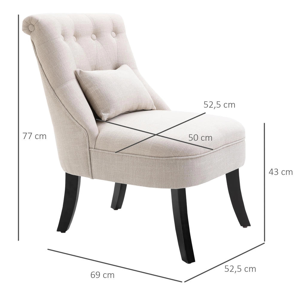 Poltrona Imbottita con Cuscino Schienale Sedia Vintage in Tessuto Effetto Lino per Soggiorno Bianco Crema 52,5 x 69 x 77 cm