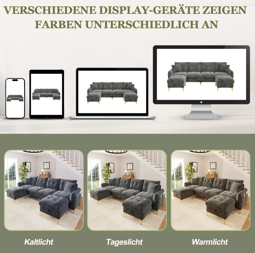 Divano modulare grigio in ciniglia con 2 pouf contenitore