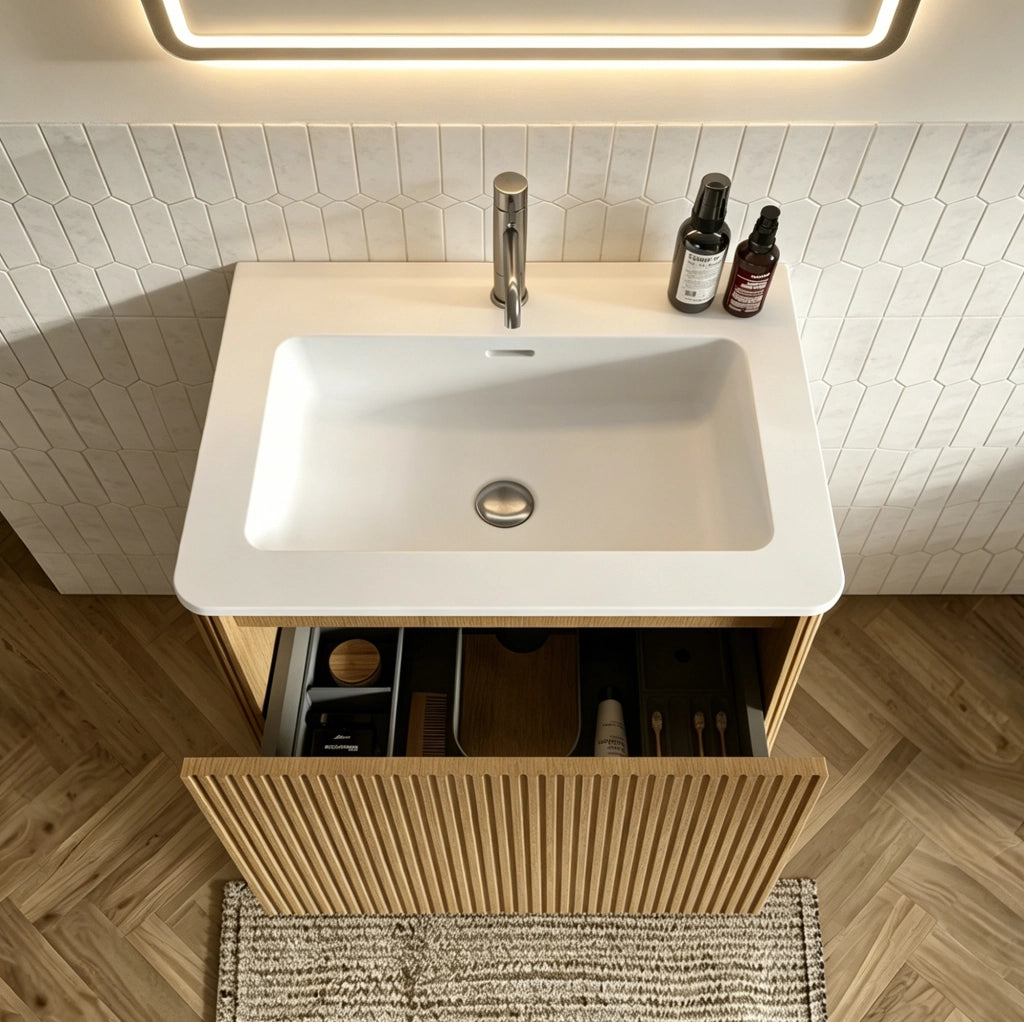 Mobile bagno sospeso con lavabo integrato in pietra sintetica, armadietto rigato con cassetto 60 cm e specchio ovale 50×80 cm a LED con antiappannamento, colore rovere