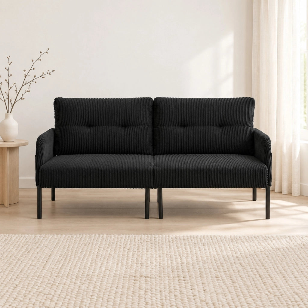 Divano 3 posti 171x72x80 cm in cord nero con tasche laterali