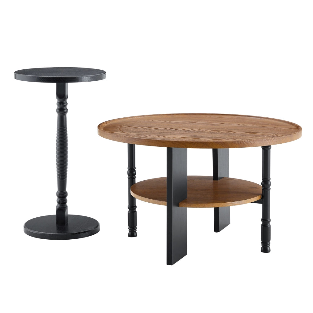 Set 2 tavolini salotto rotondi da caffe 80 cm componibili noce e nero