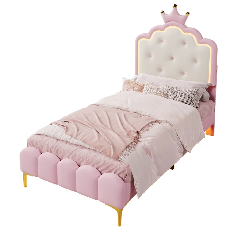 Letto imbottito principessa 90x200 cm con rete a doghe e luce ambiente rosa in PU