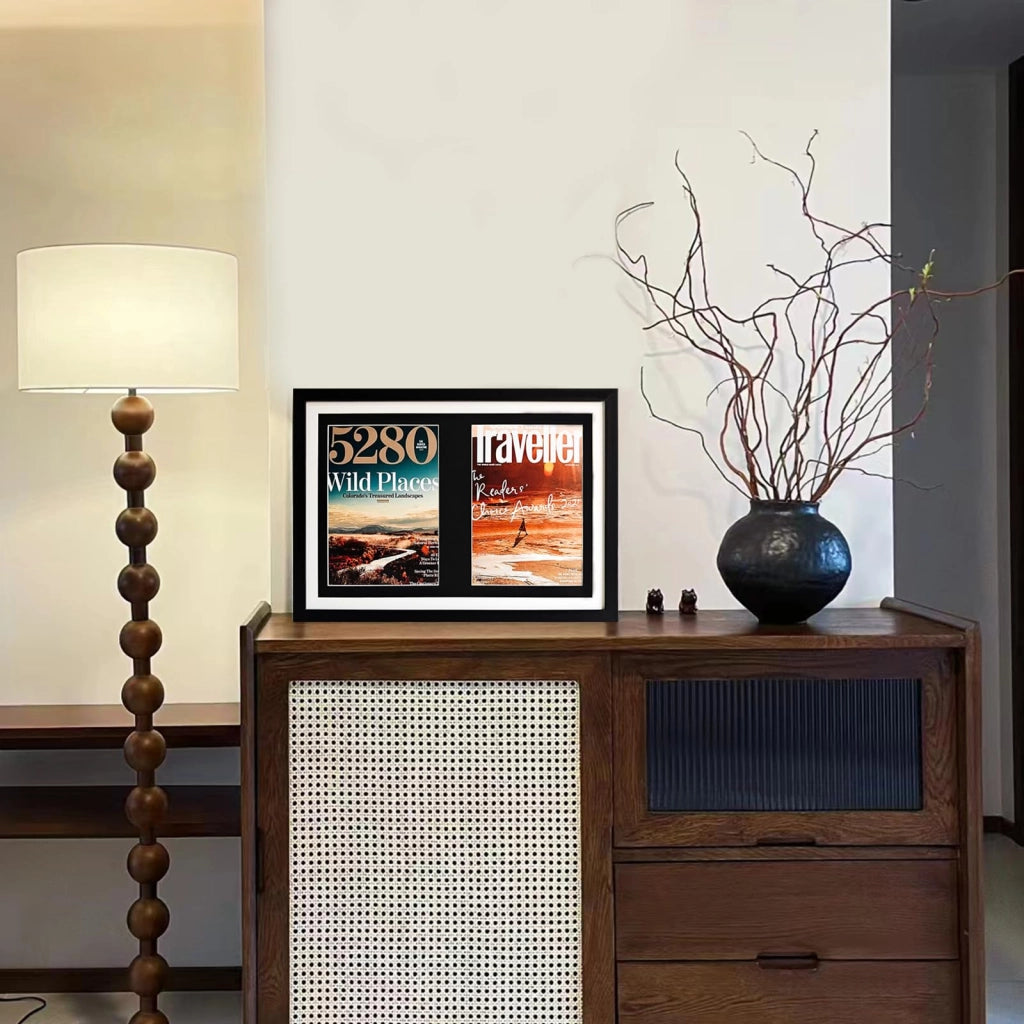 Cornice doppia per riviste in legno nero, espositori per libri, cornice per riviste sportive per riviste 8,5 x 11,25 pollici o fumetti 8 x 12 pollici, cornice per foto 14,8 x 20,7 pollici, con passepartout nero/bianco