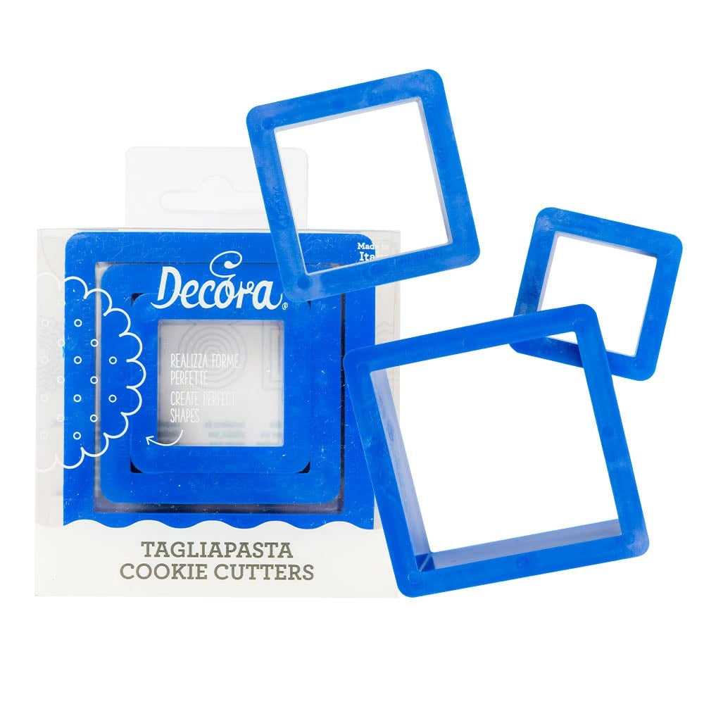 3 stampi per biscotti a forma di quadrato, dimensioni 3,5/5/7 cm, altezza 2,2 cm, in plastica, colore rosa