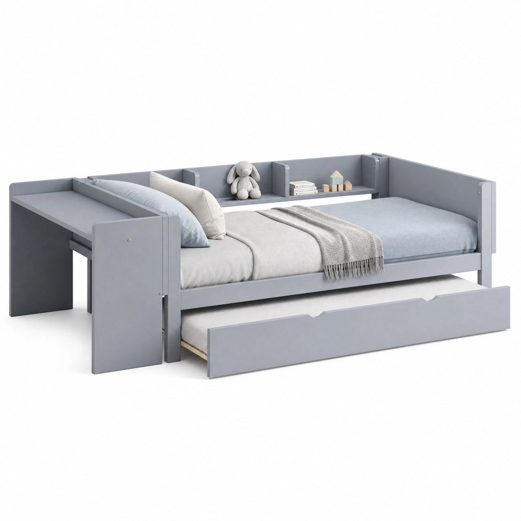 Letto singolo 90x200 cm in pino e MDF con letto estraibile, scrivania integrata e tre scaffali laterali grigio