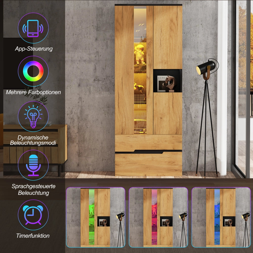 Vetrina 70 × 35 × 180 cm con 3 ante 2 cassetti LED controllata tramite app in MDF naturale e nero con vetro temprato