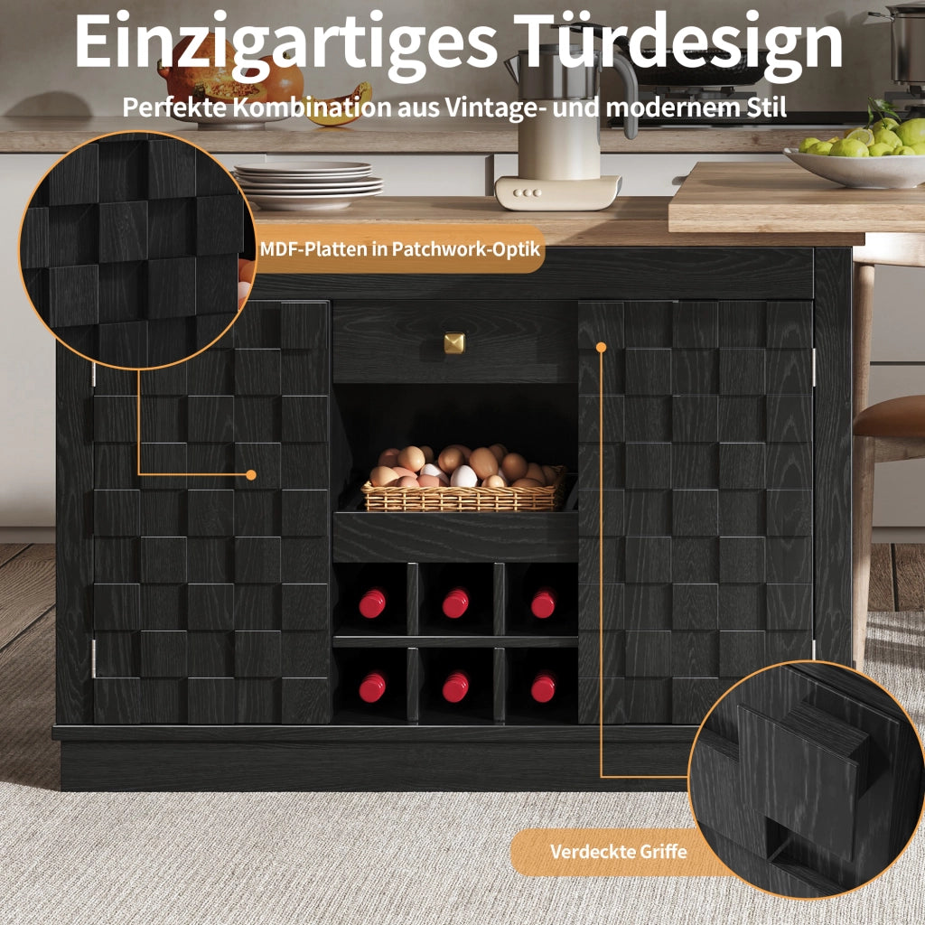 Isola da cucina girevole 120–197 × 40 × 74,2 cm con tavolo estraibile porte patchwork e portabottiglie nero