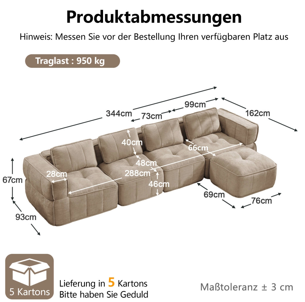Divano modulare senza telaio con pouf in poliestere color sabbia