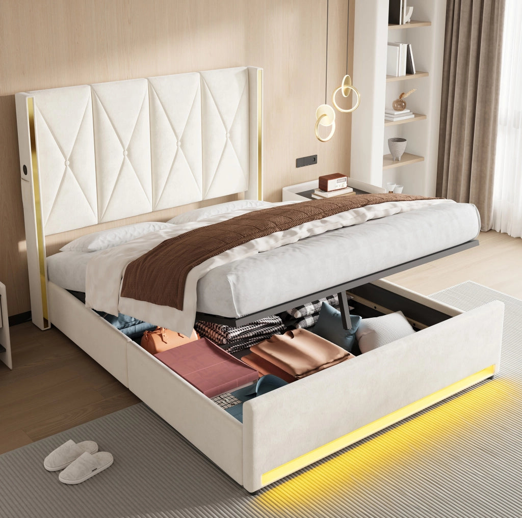 Letto contenitore matrimoniale 160x200 cm; con sollevamento idraulico; porte USB e Type-C; luce LED; in velluto beige; senza materasso