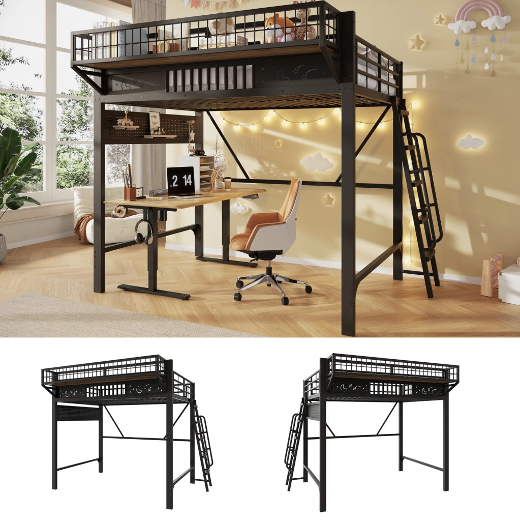 Letto a soppalco 140 x 200 cm in metallo nero con vani portaoggetti