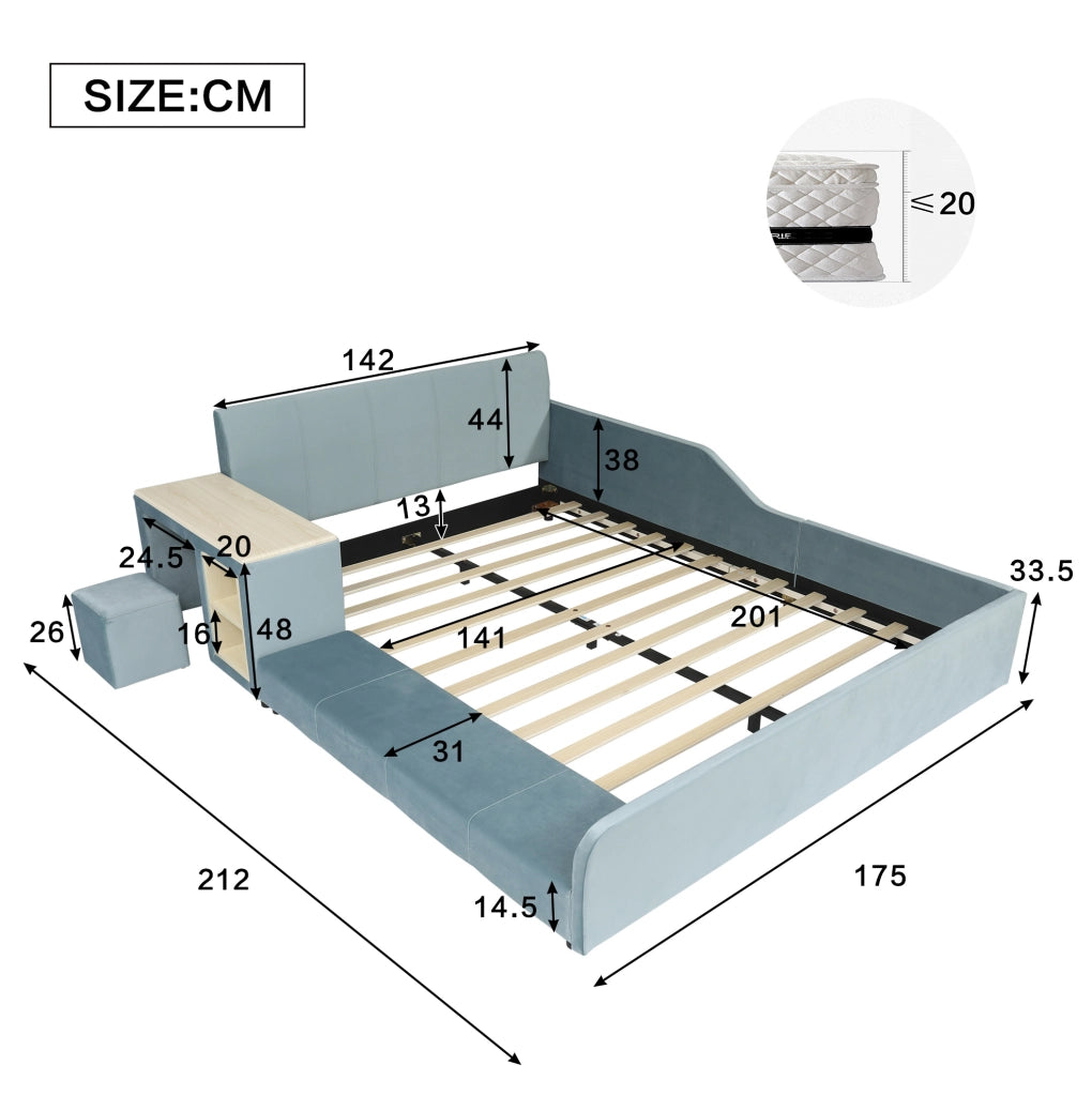Letto imbottito per bambini 140x200 cm con scrivania laterale e sgabello in velluto blu