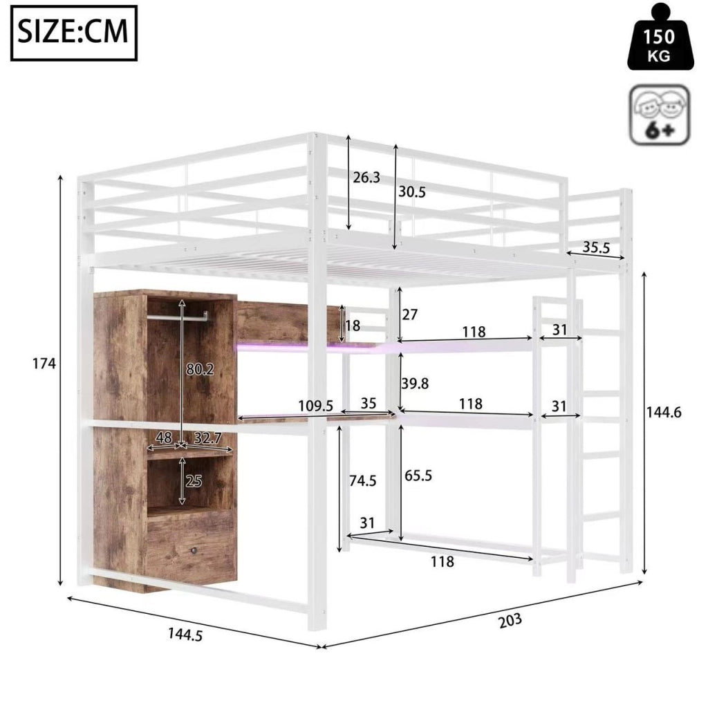 Letto a soppalco 140 × 200 cm con scrivania; cassetto; ripiani e LED; bianco