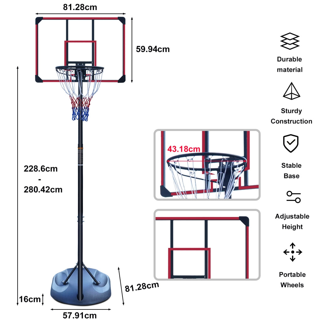 Canestro da basket regolabile da 228,6 a 280,42 cm nero e rosso con ruote