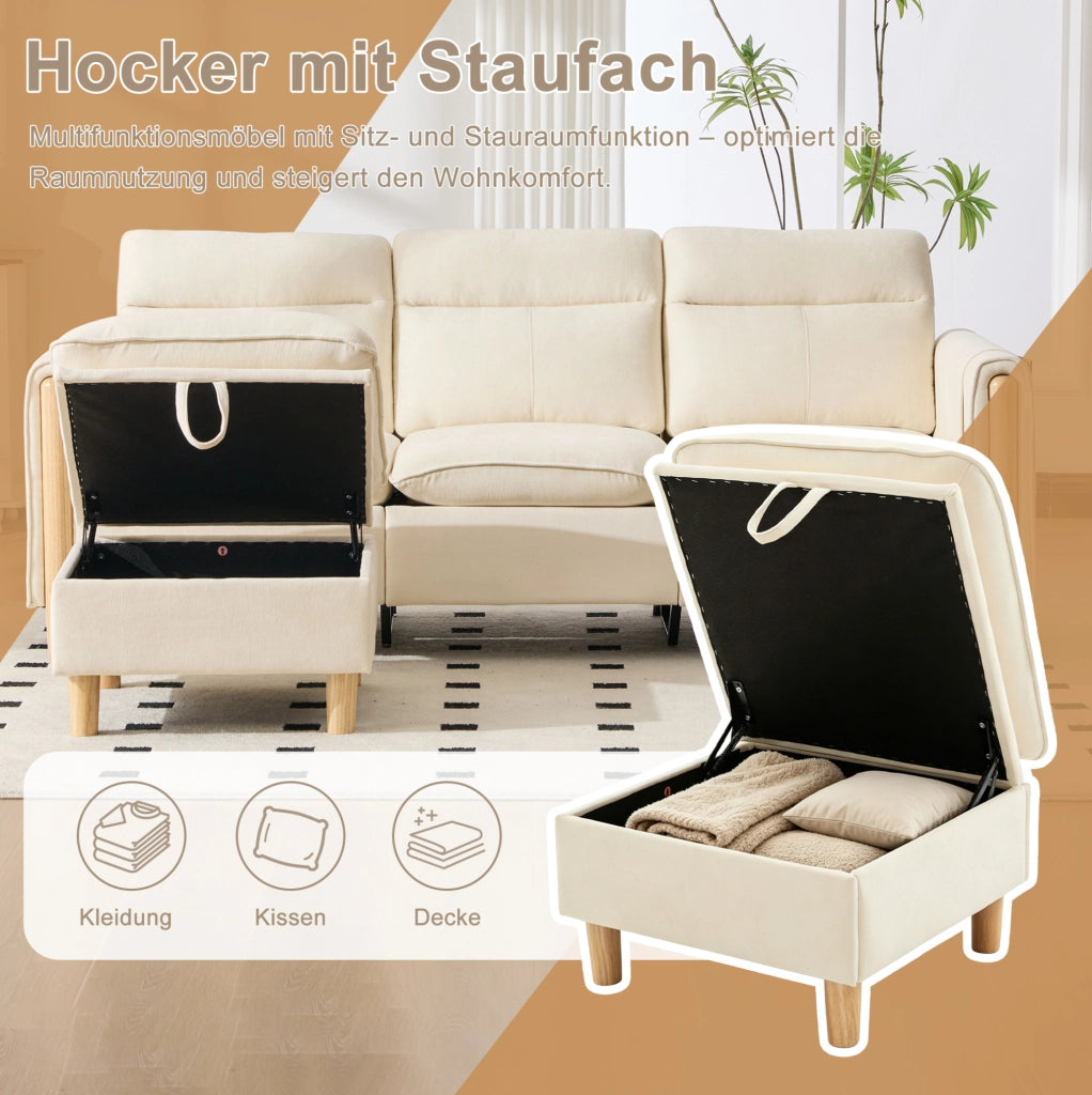 Divano a 3 posti in ciniglia beige con pouf contenitore