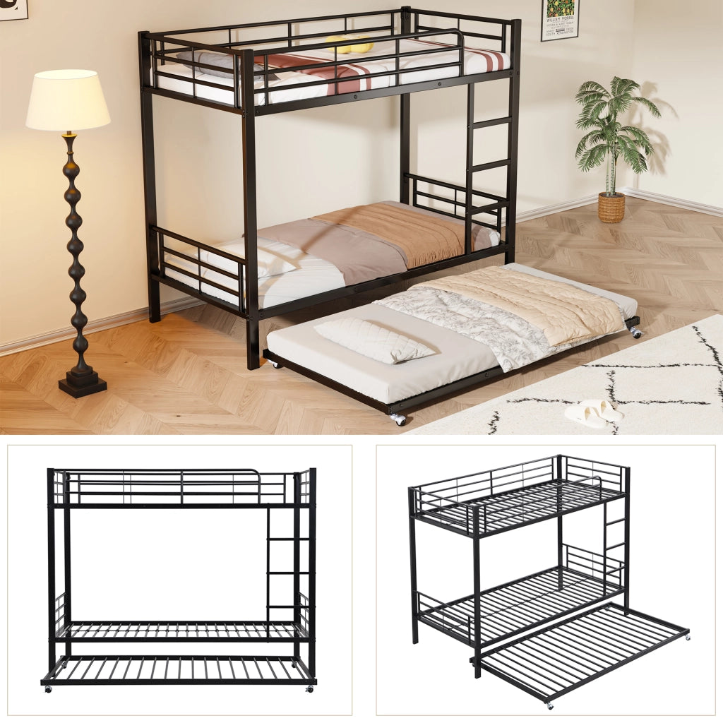 Letto a castello con letto estraibile in metallo nero 90 × 200 cm e 90 × 190 cm con scala a tre gradini