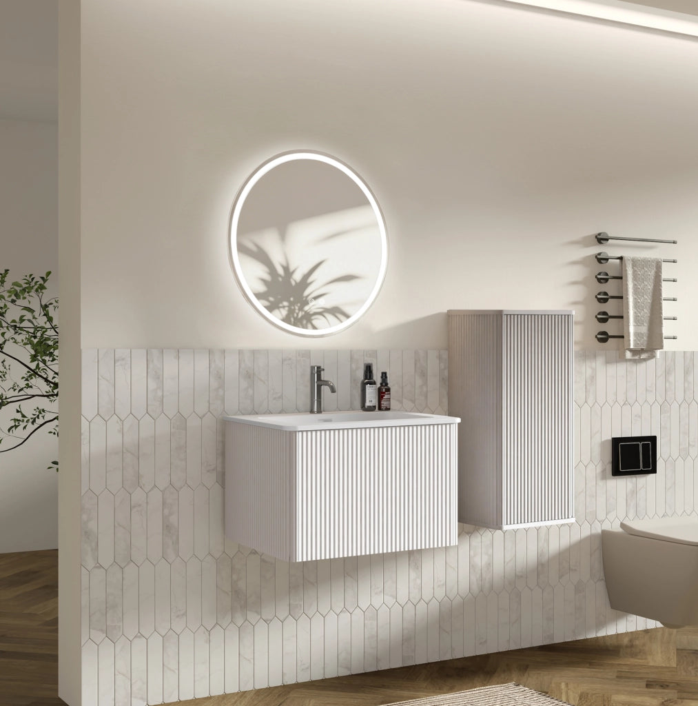 Mobile bagno 60 cm bianco con lavabo e specchio LED rotondo, sospeso