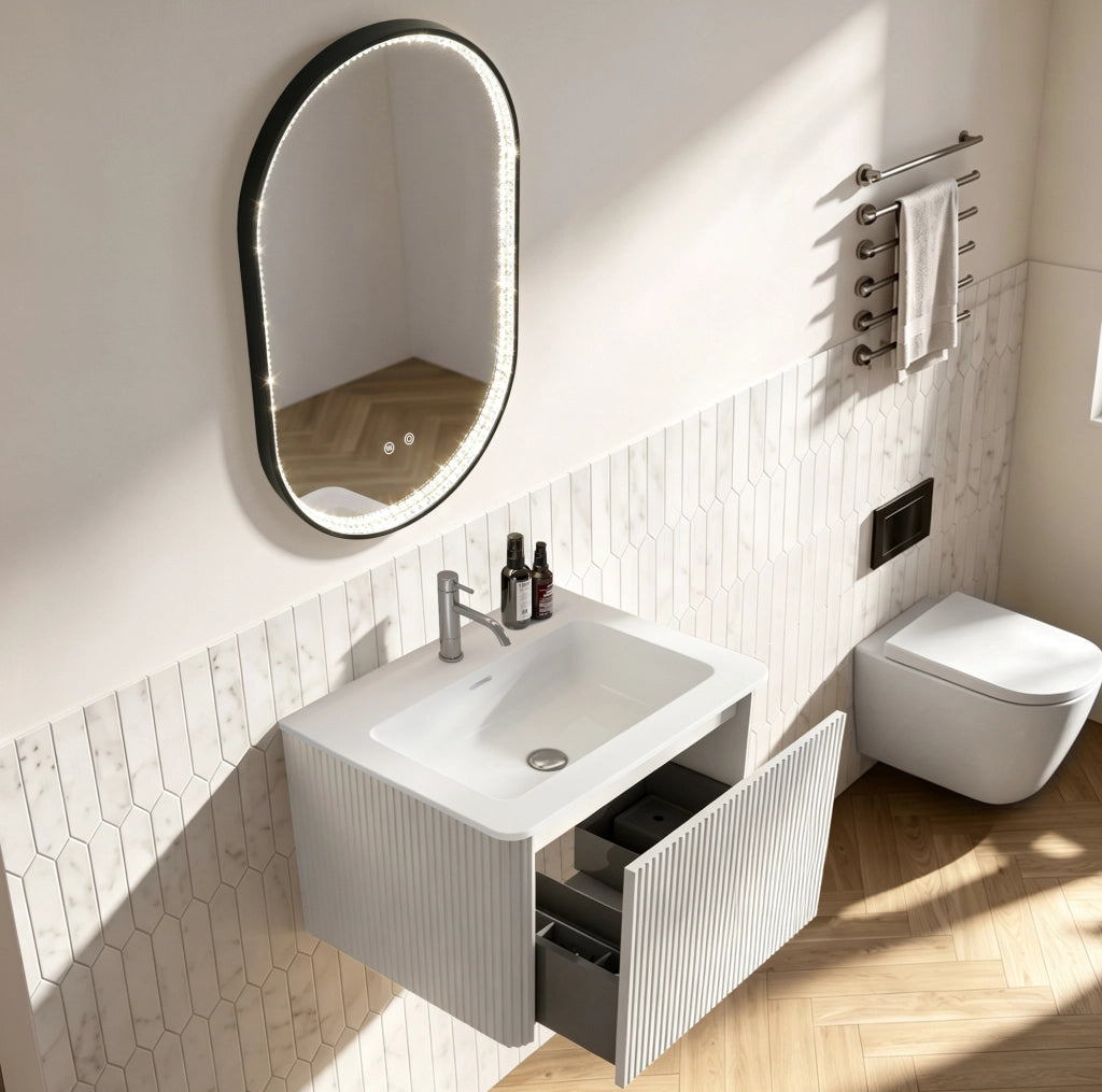 Mobile bagno sospeso bianco con lavabo integrato in pietra acrilica e specchio LED 50x80 cm regolabile