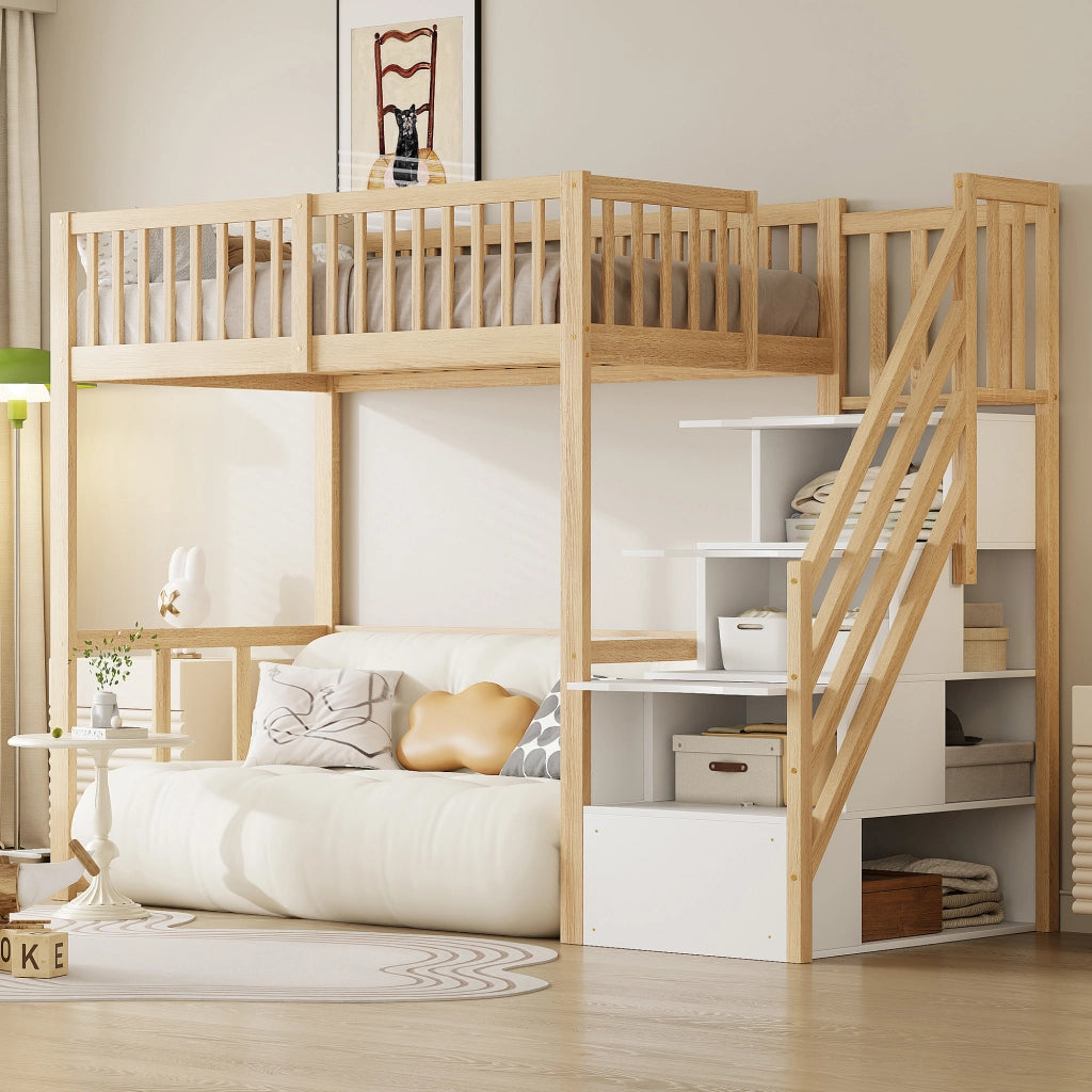 Letto a soppalco 90x200 cm in legno di pino con scala contenitore; parapetti e spazio sottostante
