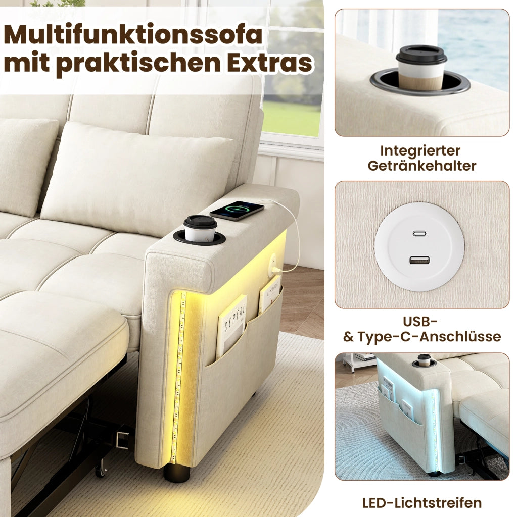 Divano letto 2 posti in ciniglia beige con LED, USB e schienale regolabile