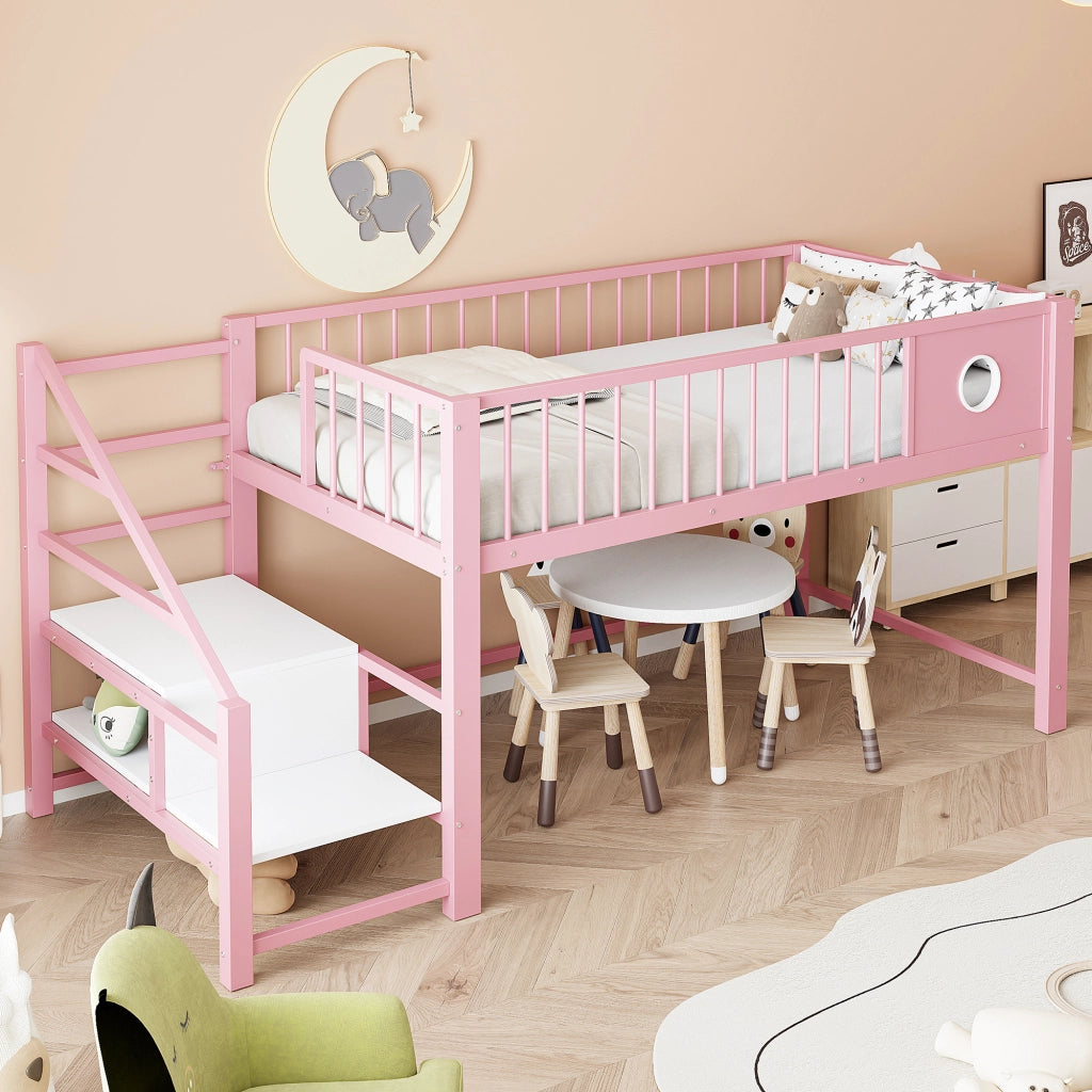 Letto a soppalco basso per bambini 90 × 200 cm con scala contenitore in metallo rosa salvaspazio
