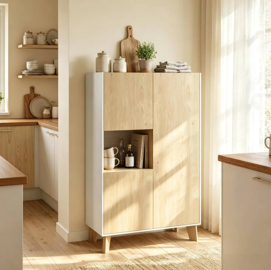Credenza bianca e rovere chiaro con cinque vani, 80 x 40 x 135 cm