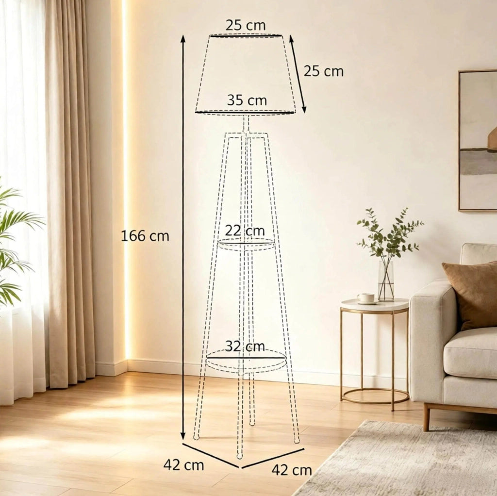 Lampada da terra con 2 ripiani, nera e marrone, 42 × 42 × 166 cm