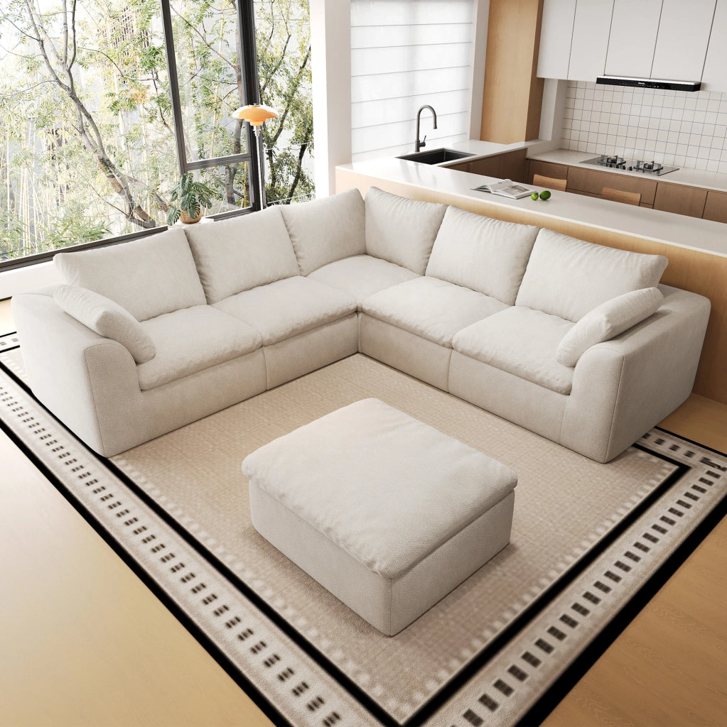 Divano angolare a V 245x245x83 cm in tessuto lino beigebianco; 6 posti