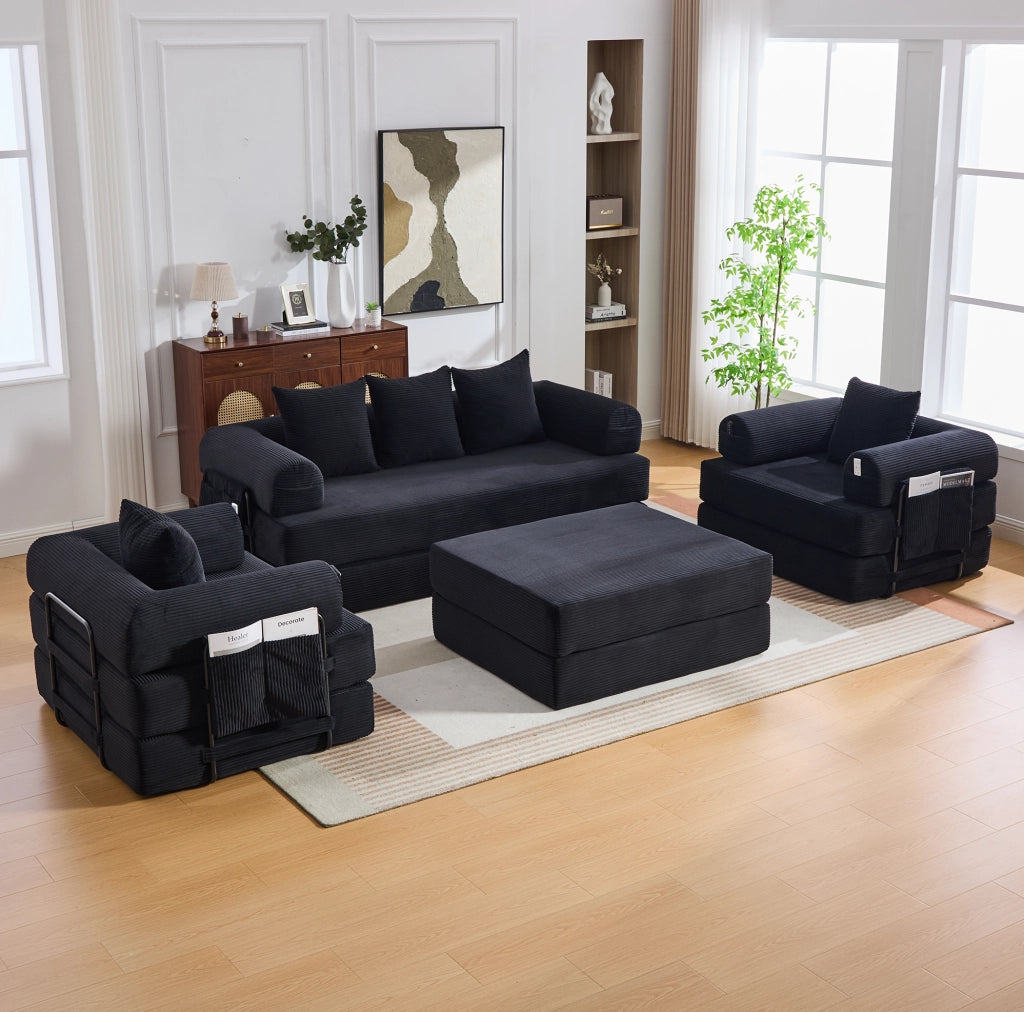Divano modulare 4 posti con pouf, cuscini inclusi, tasca laterale e moduli componibili in tessuto a coste nero