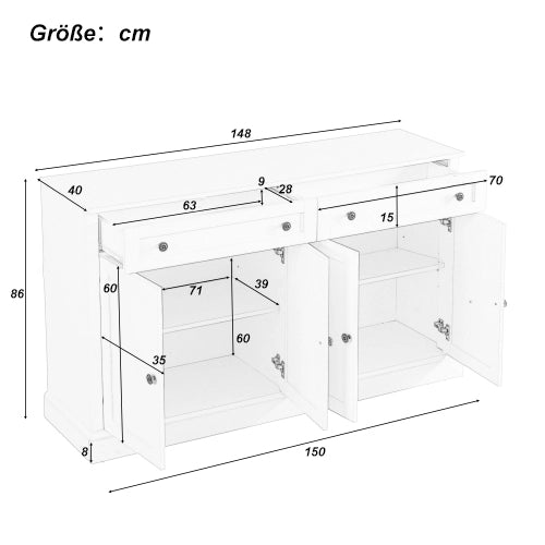 Credenza 150 × 40 × 86 cm con 4 ante 2 cassetti e ripiani regolabili in MDF e truciolato bianco e legno naturale
