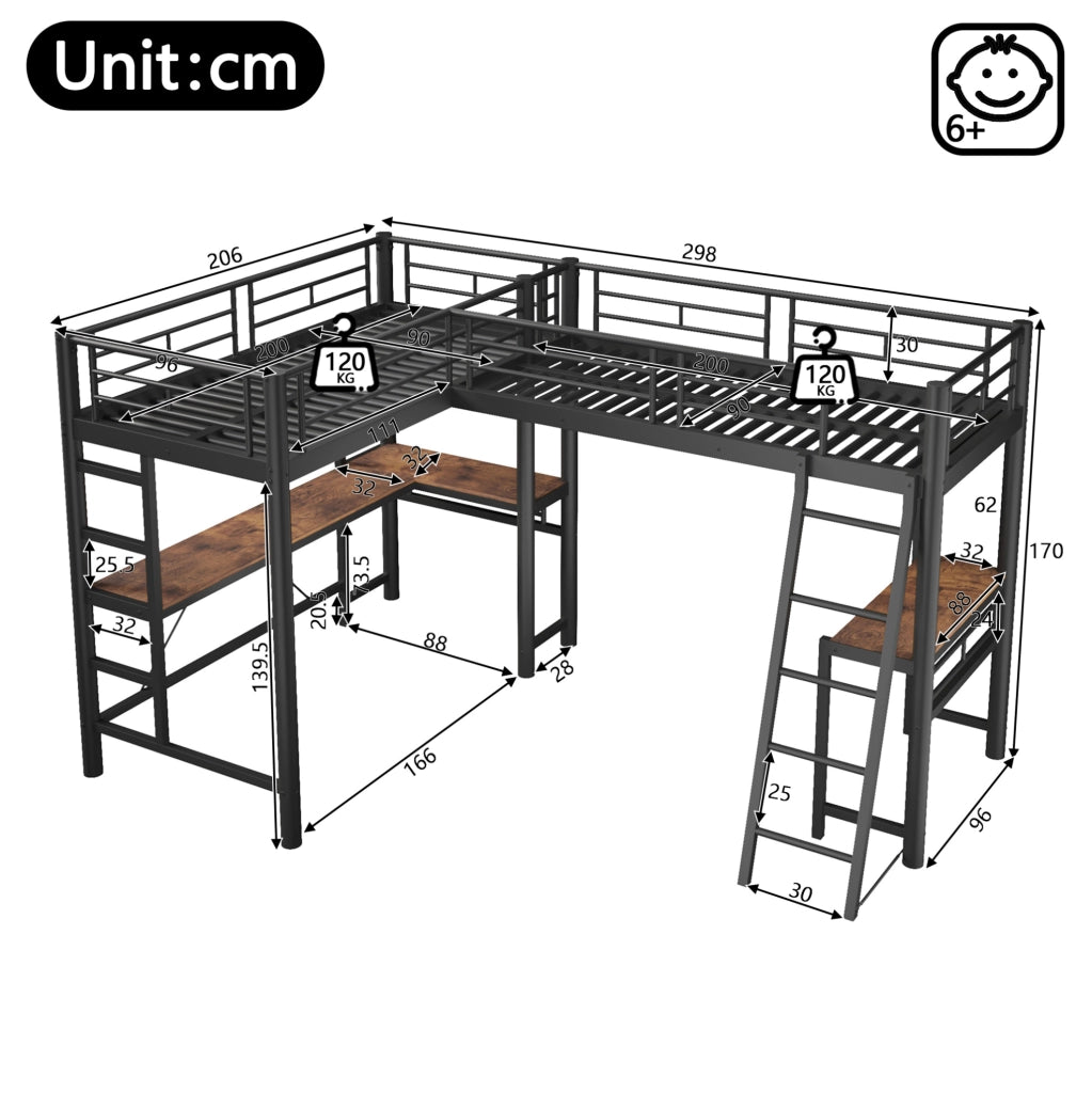 Letto a soppalco 90 x 200 cm con scrivania e doppia scala, nero