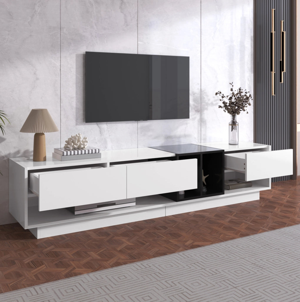 Mobile TV Lowboard in Bianco e Nero Lucido con Cassetti e Ripiani, 190x40x42 cm