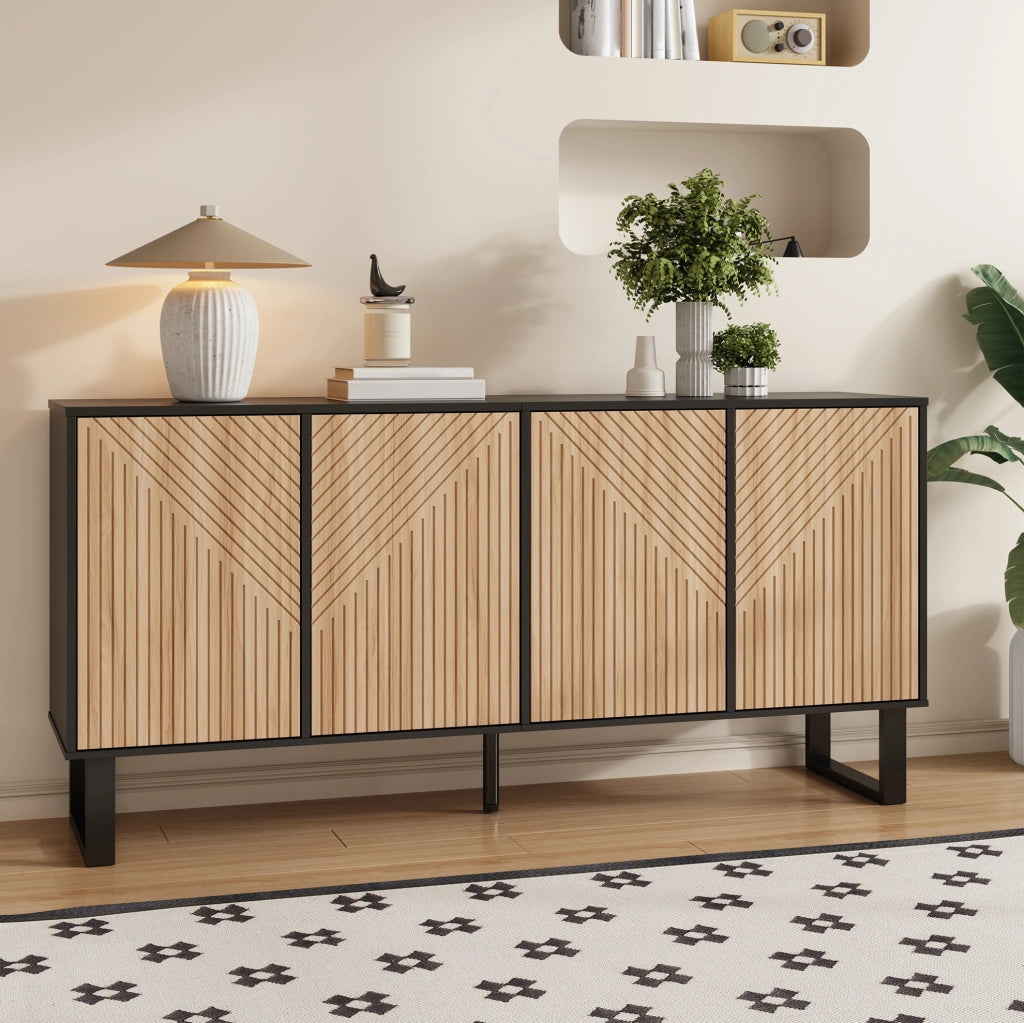 Mobile TV 160x38x75 cm in PB e MDF nero e naturale con ampio spazio contenitore