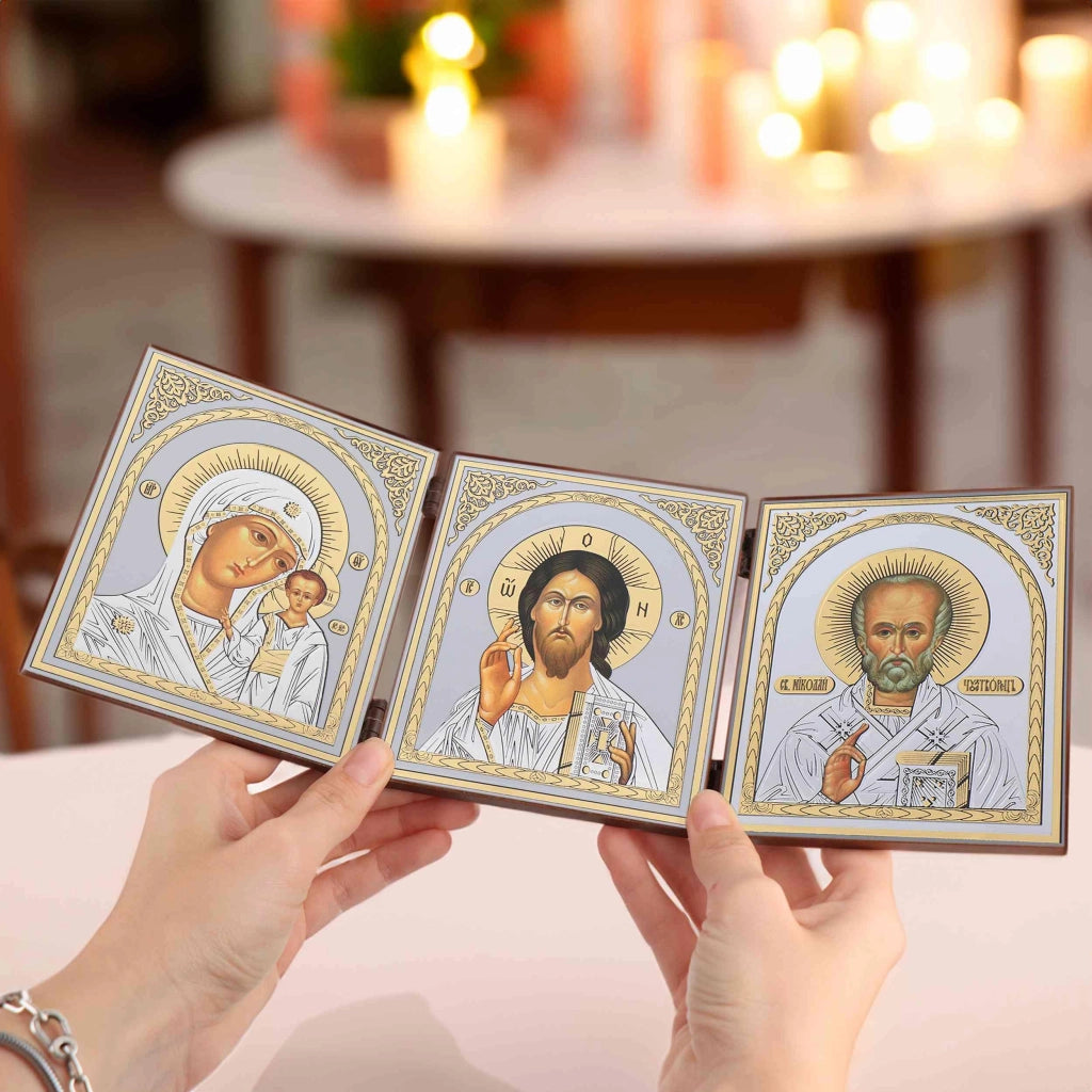 Triptico di icone: Madonna, Gesù, San Nicola – 12x31 cm