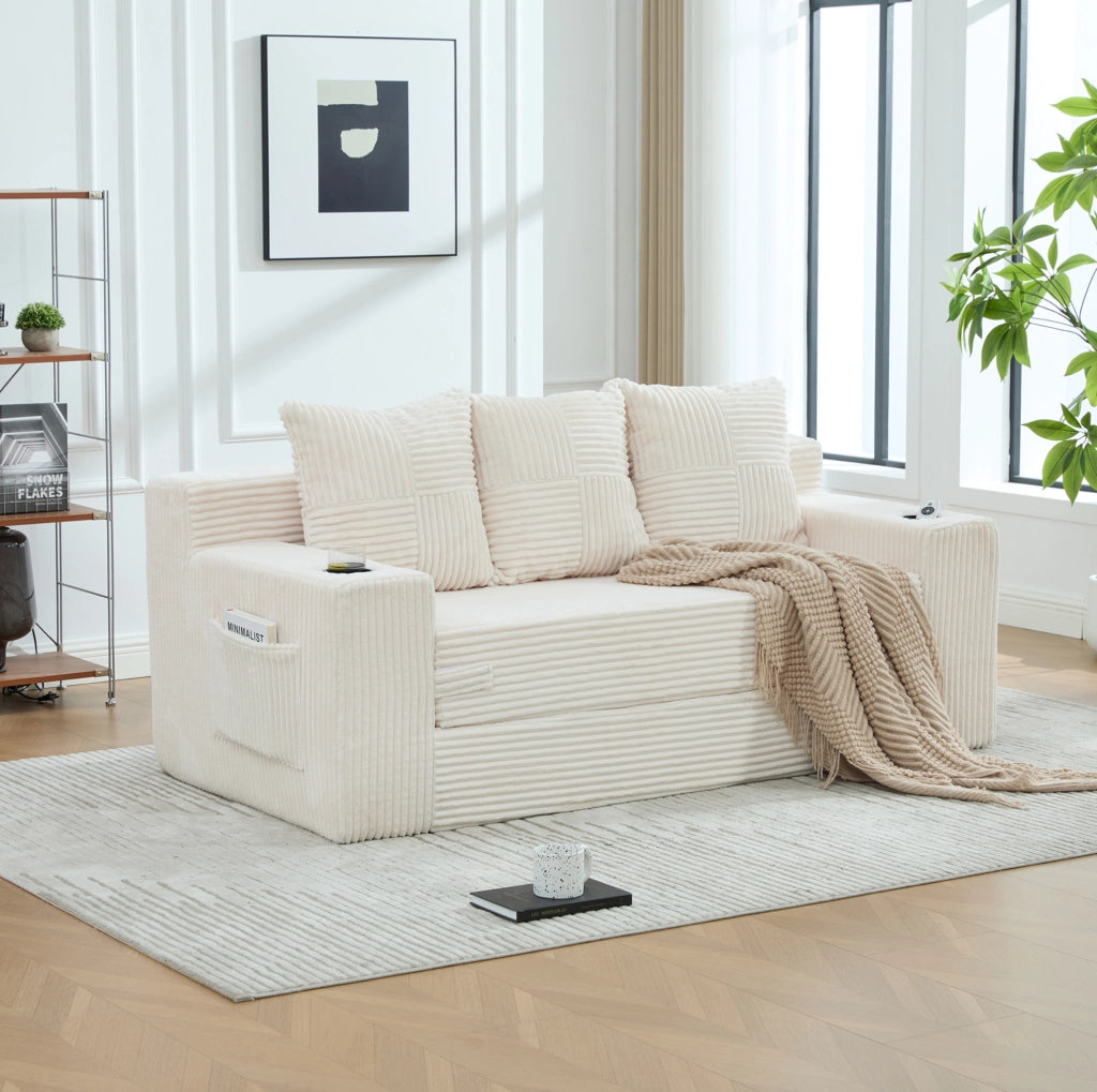 Divano modulare beige in velluto a coste con portabicchieri
