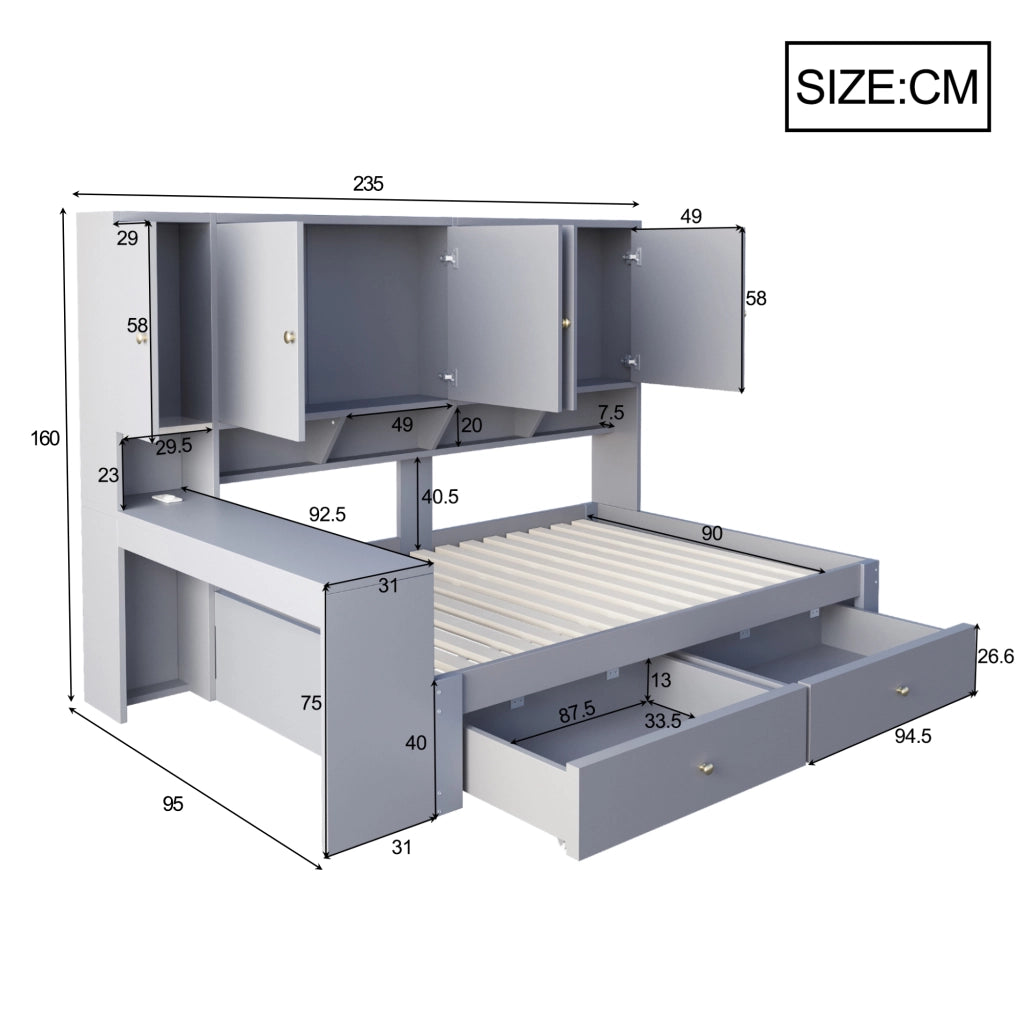 Letto singolo multifunzionale 90 × 200 cm con scrivania armadi cassetti LED prese grigio in MDF e compensato