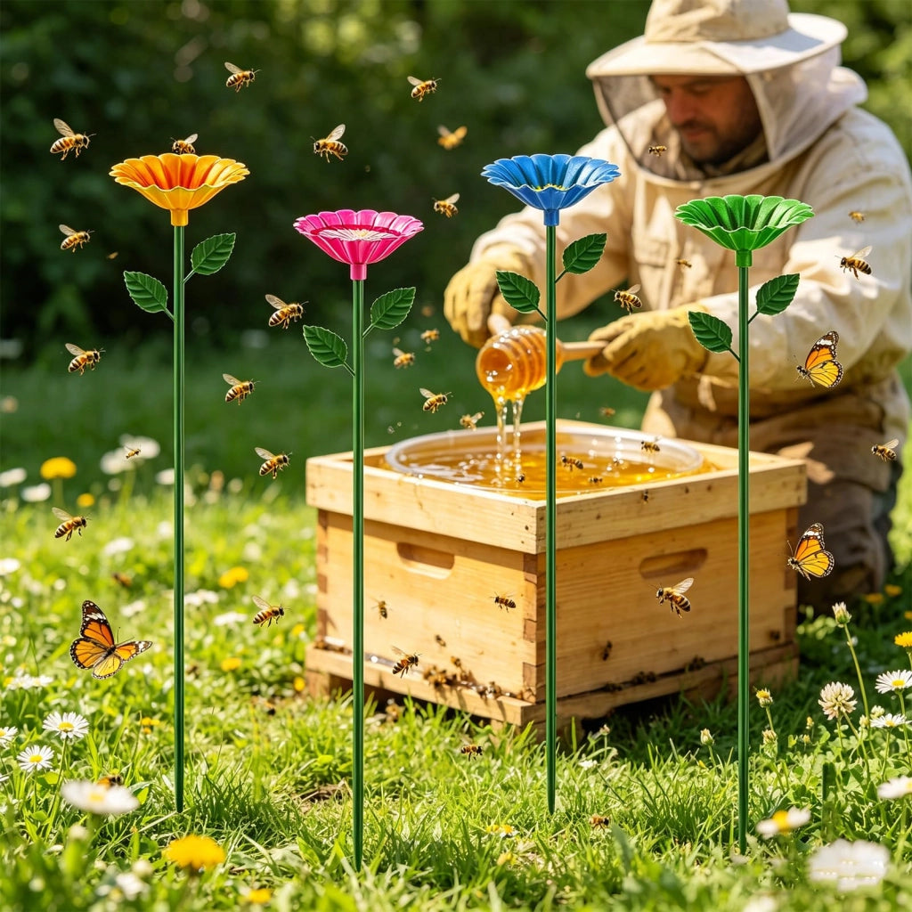 Set di 4 abbeveratoi per api in metallo, resistenti ai raggi UV, a forma di fiore, ideali per giardino e balcone