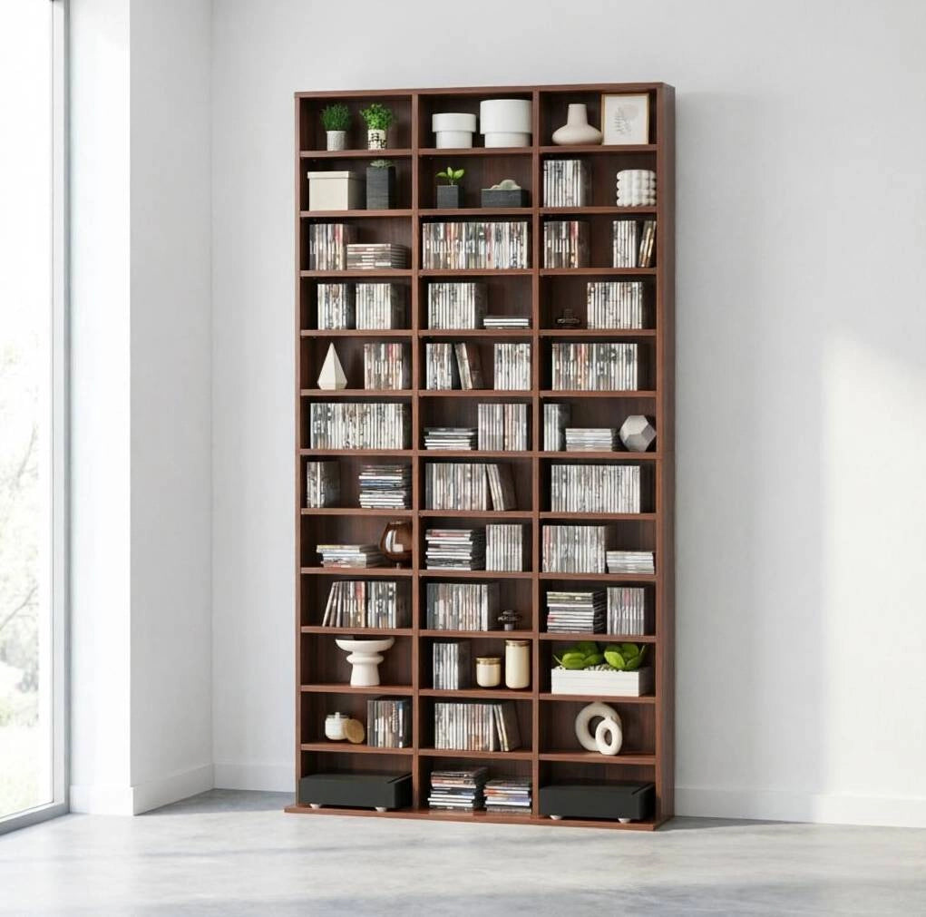 Scaffale porta dischi in MDF marrone con 36 scomparti regolabili