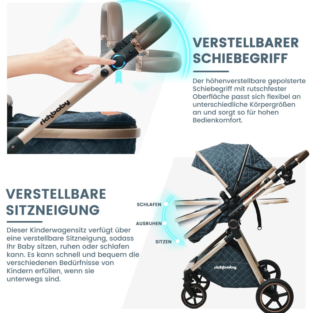 Passeggino 2 in 1 con navicella reversibile, blu antico