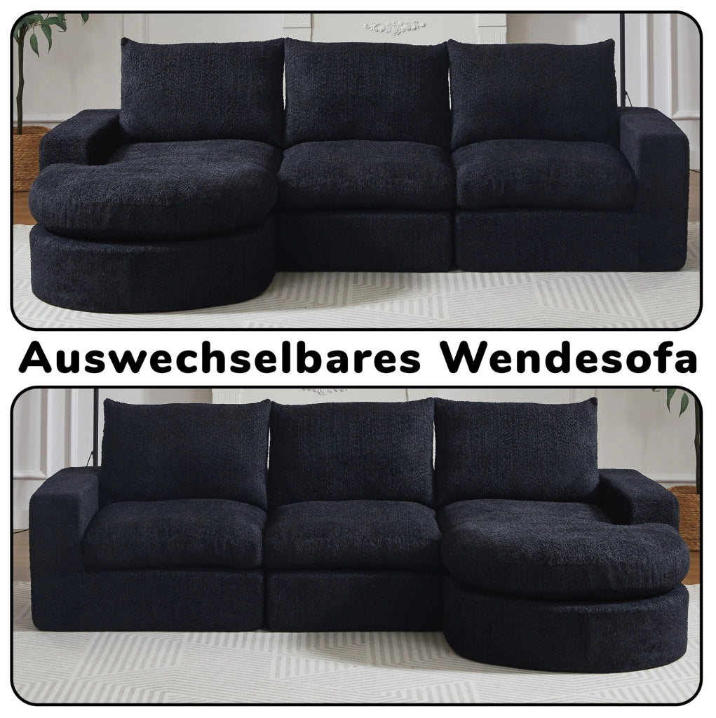 Divano modulare in ciniglia nero con chaise longue reversibile