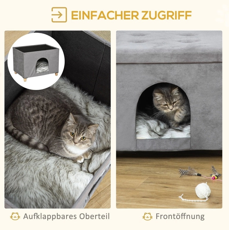 Cuccia per gatto 2 in 1 60 x 45 x 44,5 cm in MDF grigio, pouf sfoderabile imbottito