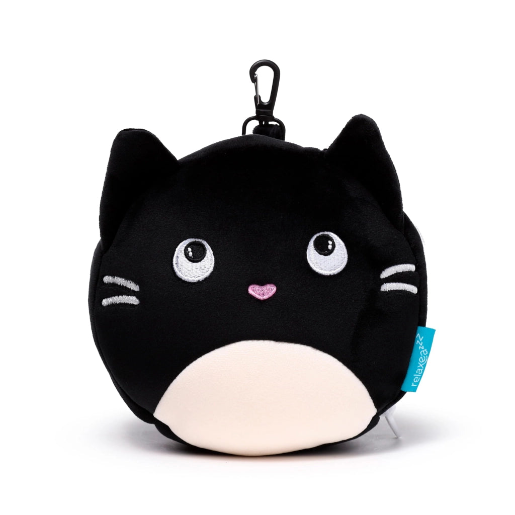 Cuscino da viaggio in peluche 2-in-1, motivo gatto nero, multicolore