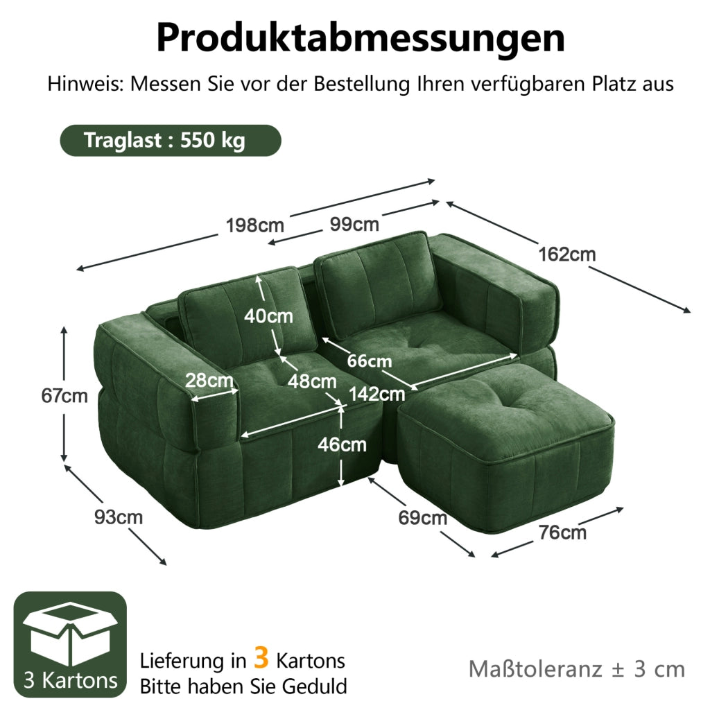Divano modulare con pouf verde in poliestere, 198 x 162 x 67 cm