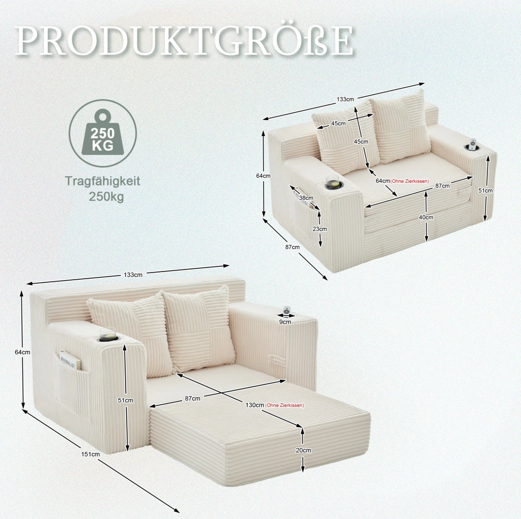 Divano in velluto a coste beige con tasche laterali e due cuscini